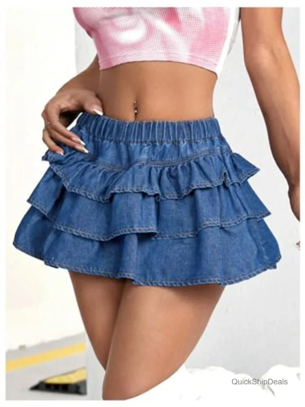 Y2K Drop Waist Denim Mini Skirt Ruffle Hem A-Line Low Rise